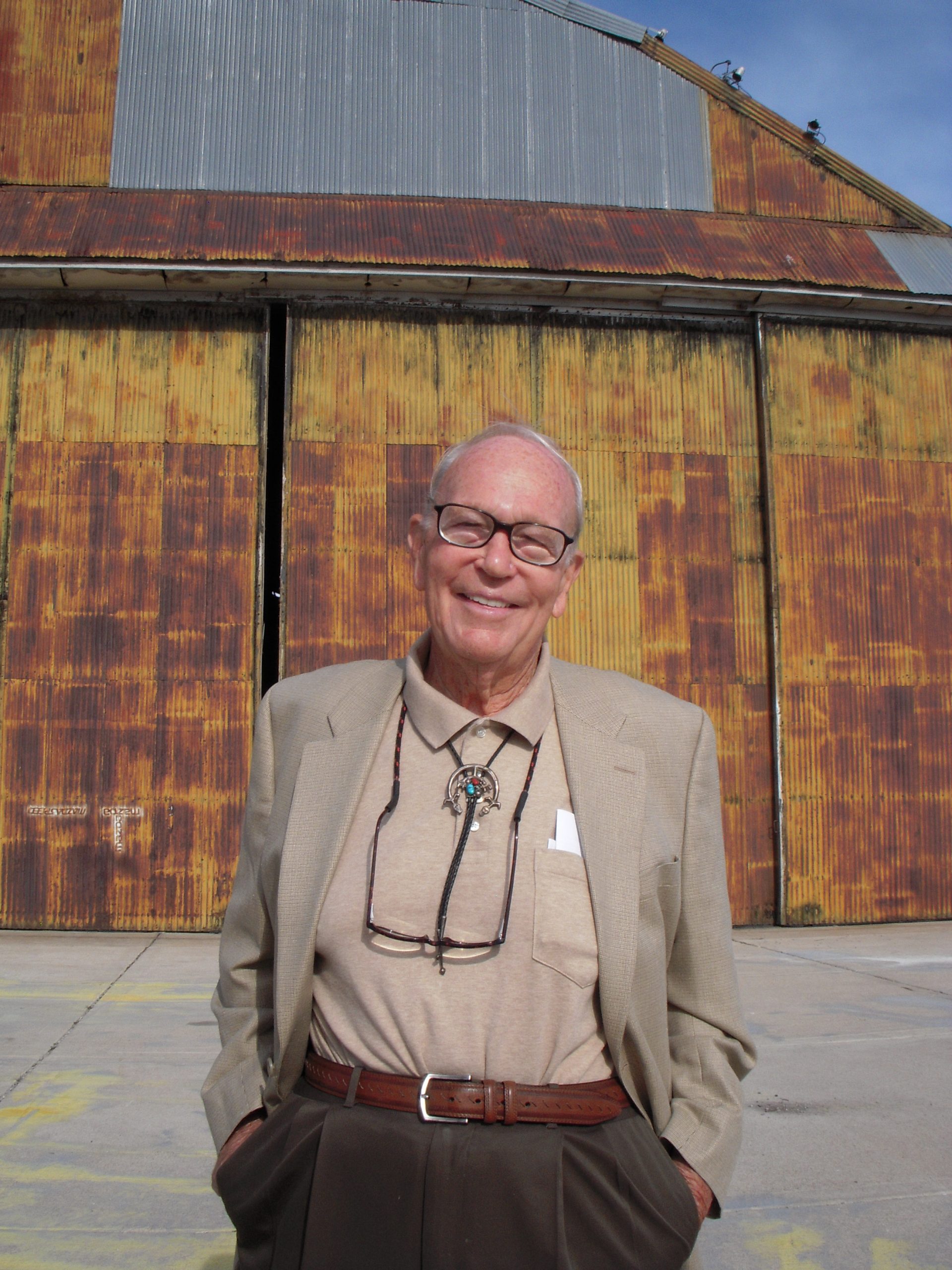 Dick Jeppson in front of the Enola Gay hangar at Wendover